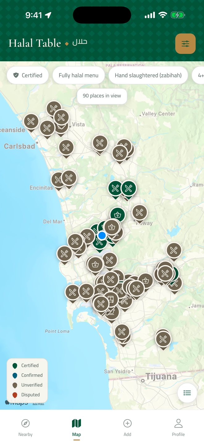 The map in Halal Table around San Diego, with pins coloured by label and a legend for Certified, Confirmed, Unverified and Disputed.