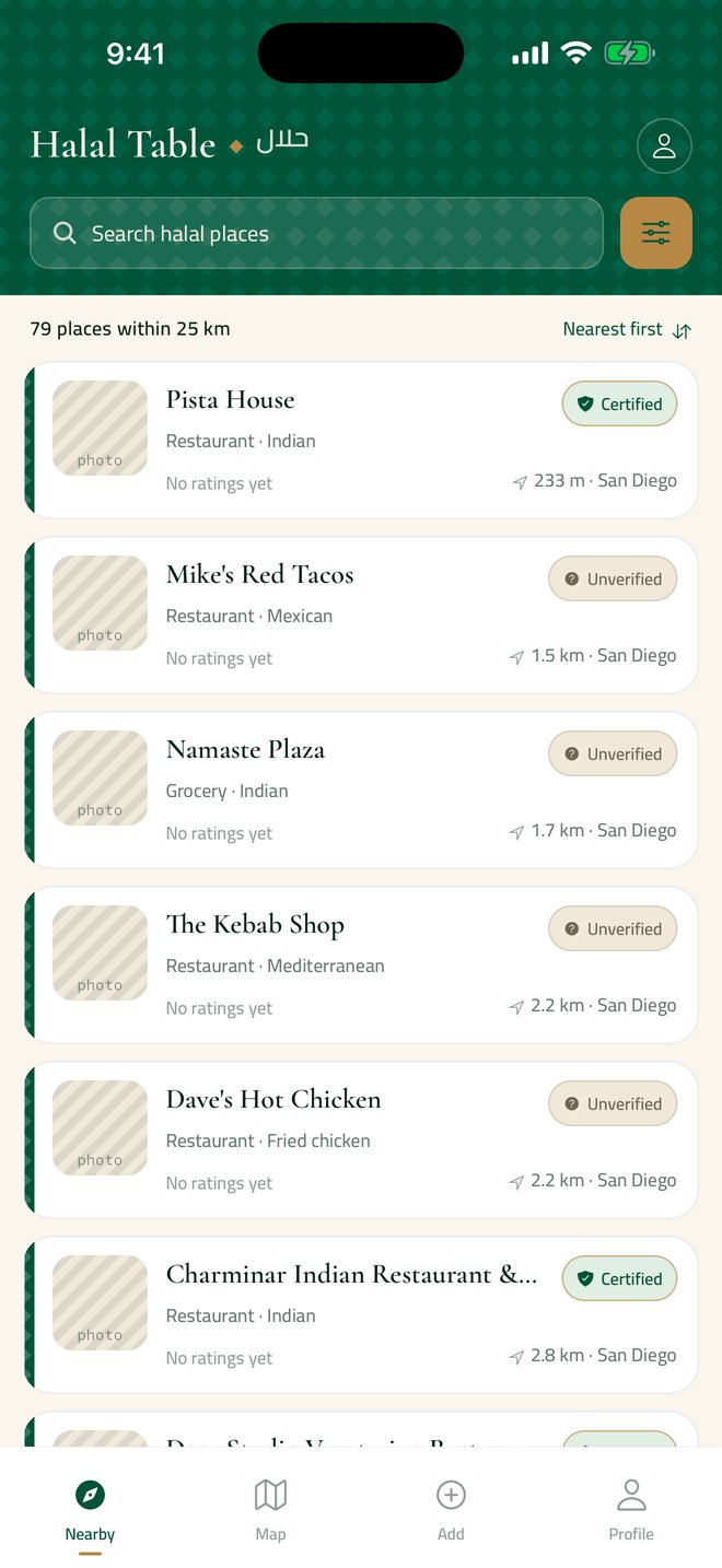 The Nearby list in Halal Table, showing places sorted by distance with Certified and Not yet verified labels.